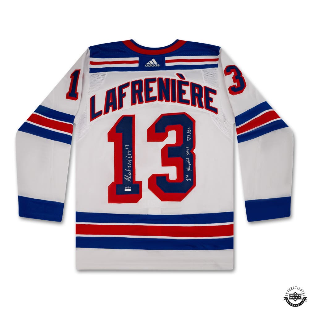 Alexis Lafreniere Autographed Inscribed 1st playoff goal 5 7 22 Authentic New York Rangers Adidas White Jersey