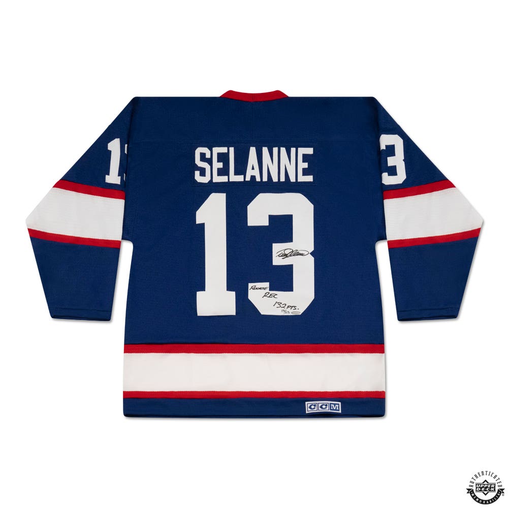 Teemu Selanne Autographed and Inscribed Vintage Throwback Blue CCM Winnipeg Jets 1992 Away Jersey