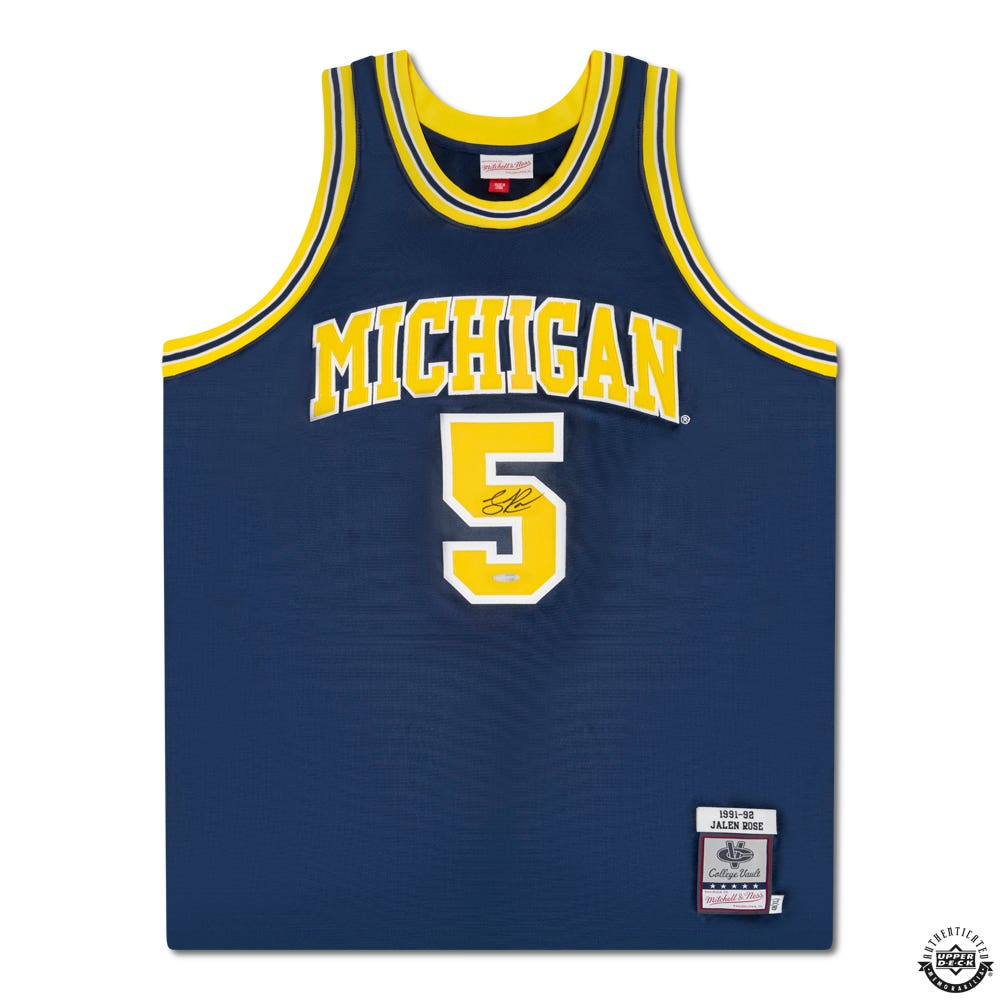 Jalen Rose Autographed Michigan Wolverines Navy Mitchell Ness Jersey Front Autograph