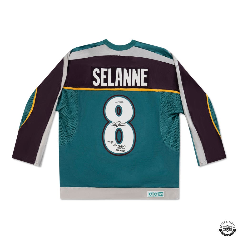 Teemu Selanne Autographed and Inscribed Vintage Throwback CCM Mighty Ducks 1998 Alternate Jersey