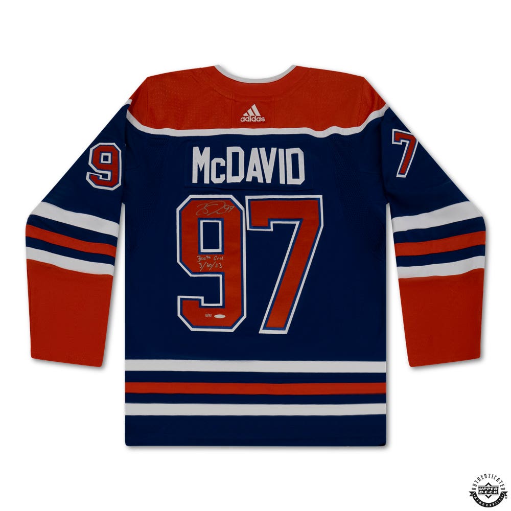 Connor McDavid Autographed Inscribed 300th Goal Blue Adidas Edmonton Oilers Jersey