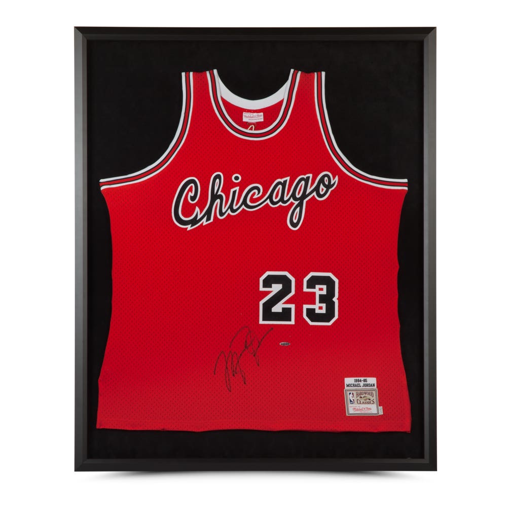 Michael Jordan Autographed 1984 85 Chicago Bulls Red Rookie Authentic Mitchell Ness Jersey Framed