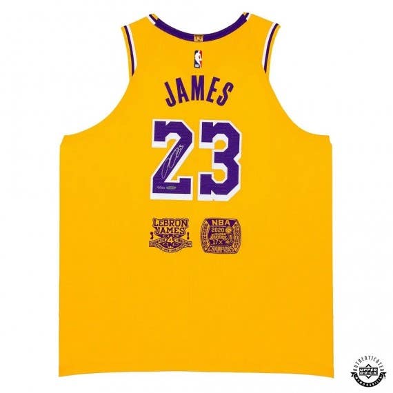 LeBron James Autographed Los Angeles Lakers Gold Authentic Nike Jersey With  2020 4x Champion/4x Finals MVP & 2020 Champion Lakers Embroidered Patches